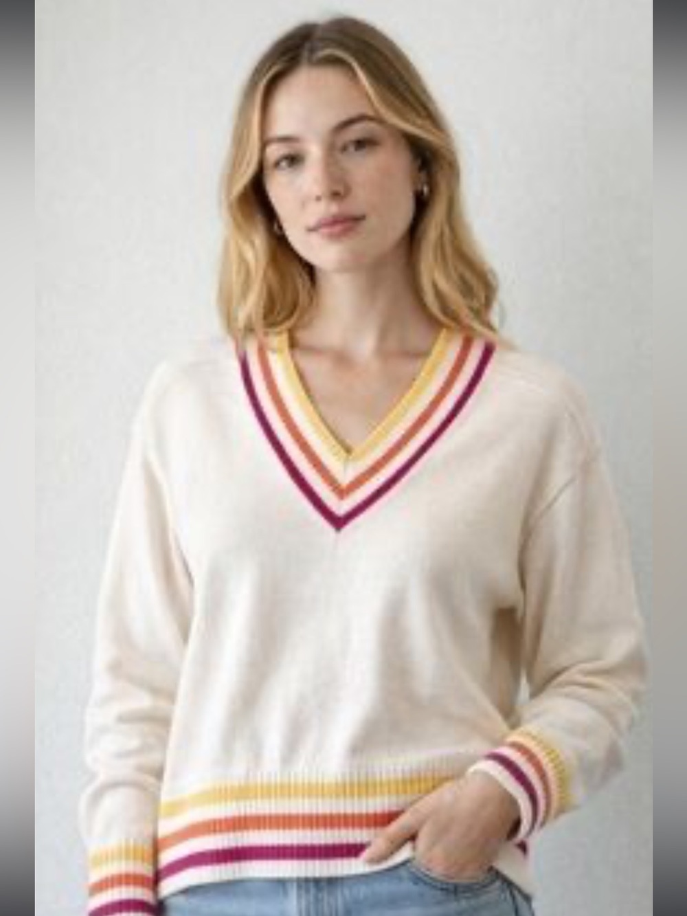 XO-KR Cream V-Neck Sweater with Pink, Orange & Yellow Stripe Trim